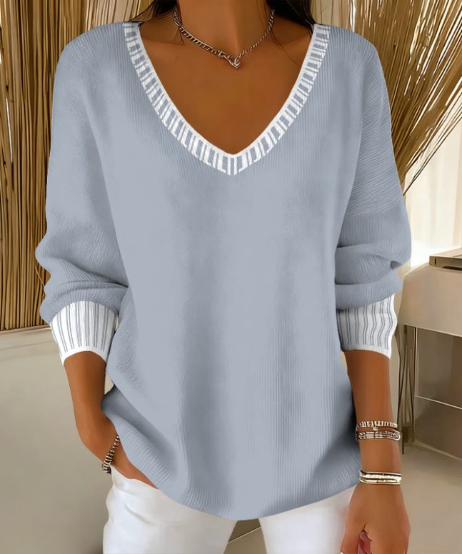 Women's Simple Striped Design Print V-neck Long Sleeved Sweater - Image 3