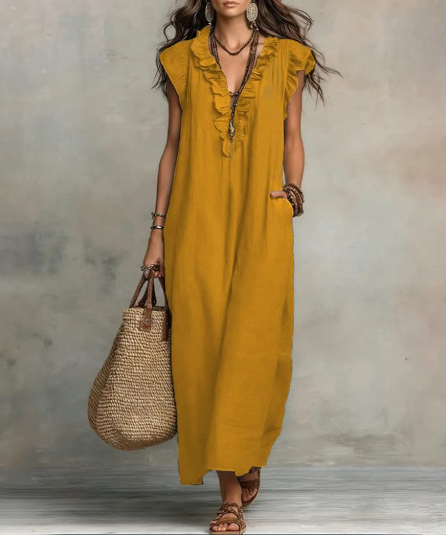 Women's Solid V-neck Sleeveless Ruffled Maxi Dress - Image 5