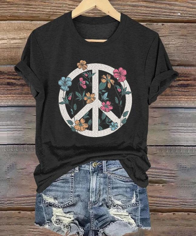 Women's Hippie Peace Sign Flowers Love And Peace Printed Casaul Short Sleeve  Crew Neck T-shirt - Image 4