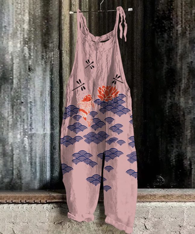 Japanese Style Koi Fish Dragonfly Wave Art Print Casual Jumpsuit - Image 5