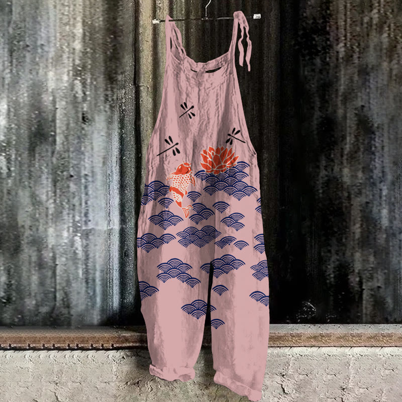 Japanese Style Koi Fish Dragonfly Wave Art Print Casual Jumpsuit - Image 5