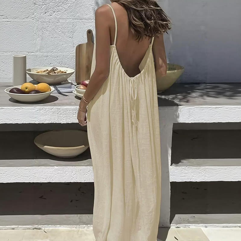 Loose Solid Color Adjustable Tie Strap Vacation Dress - Image 8