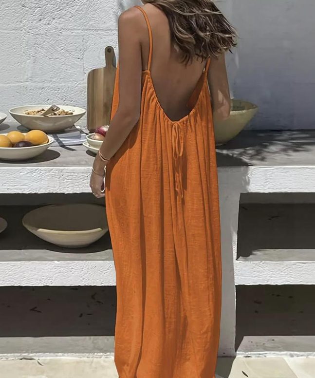 Loose Solid Color Adjustable Tie Strap Vacation Dress - Image 11