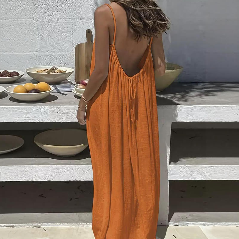 Loose Solid Color Adjustable Tie Strap Vacation Dress - Image 11