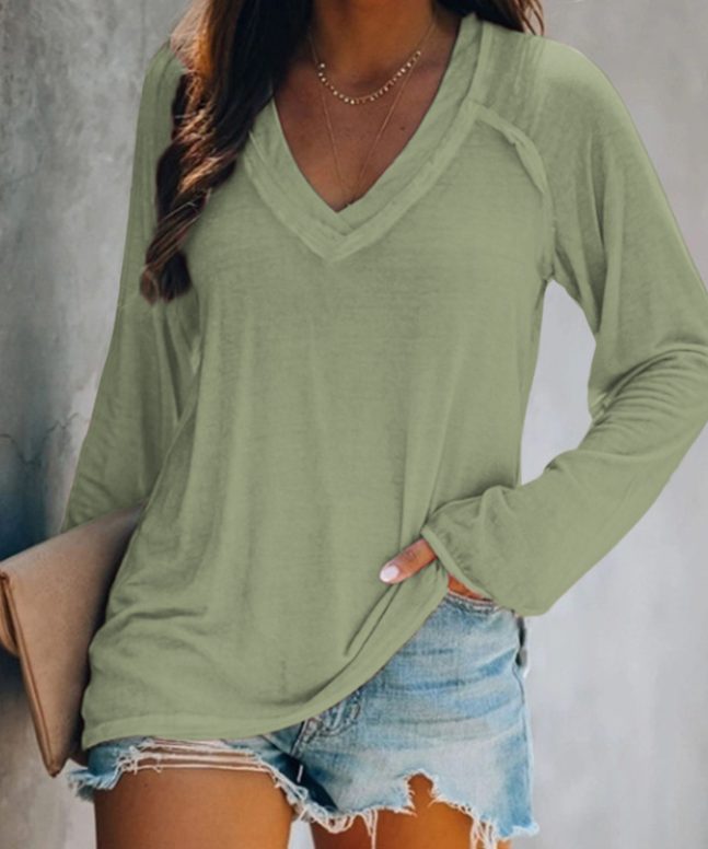 Solid Color Casual V-neck Long Sleeve T-shirt - Image 4