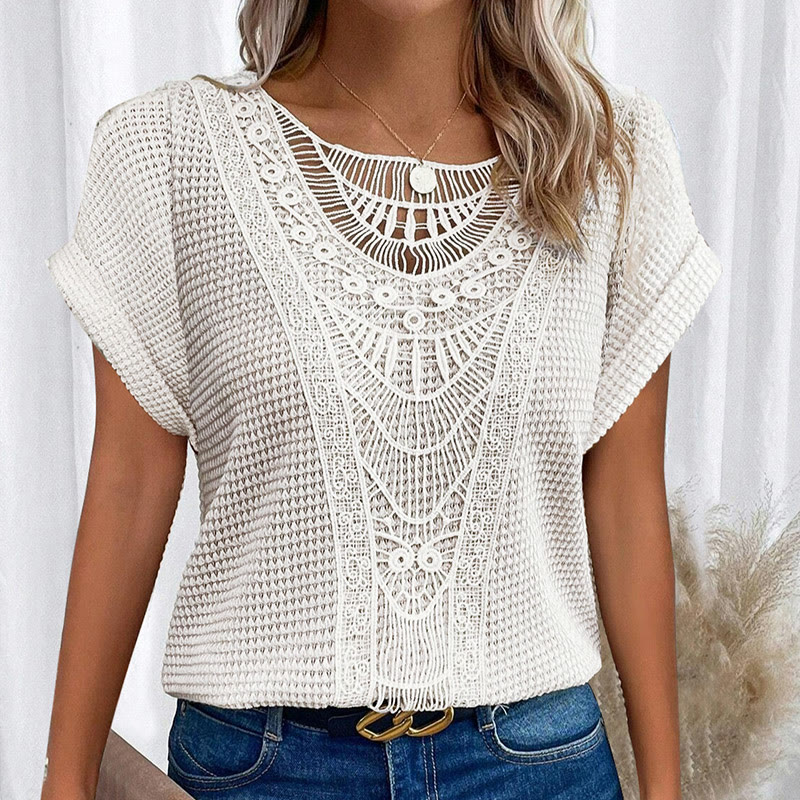 Women's Lace Splicing Crew Neck Casual Short Sleeve Top