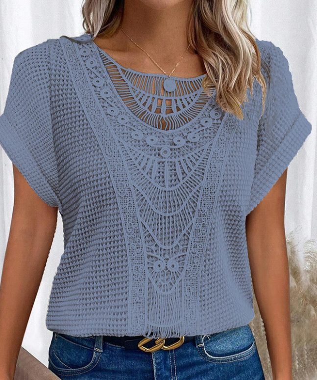 Women's Lace Splicing Crew Neck Casual Short Sleeve Top - Image 3