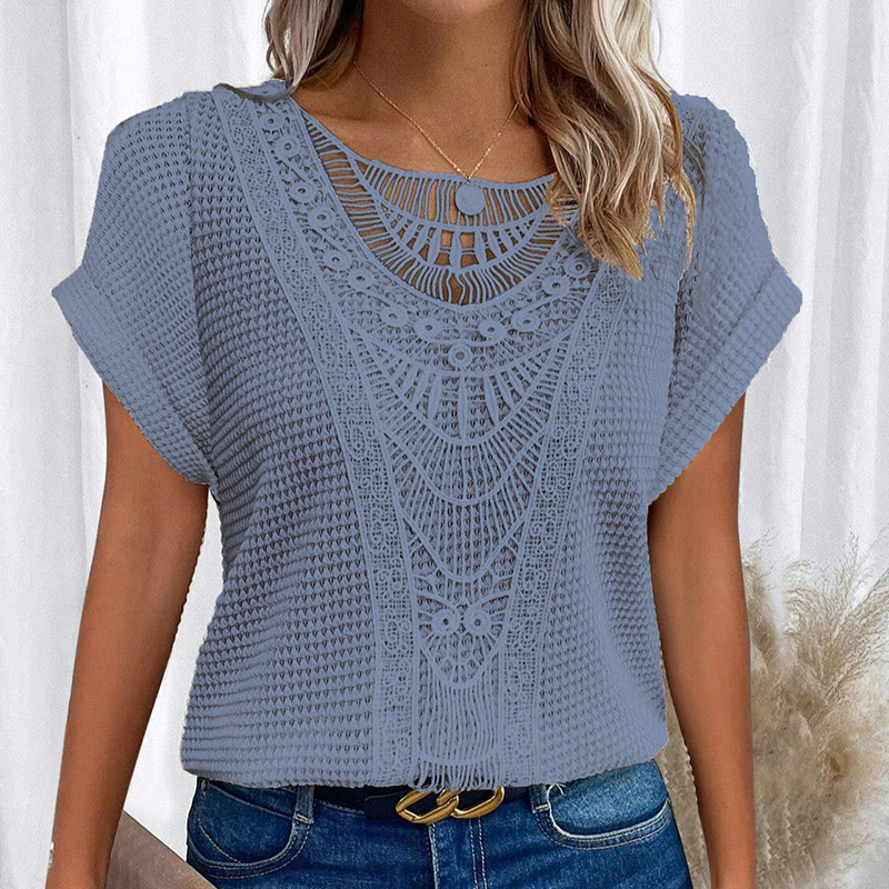 Women's Lace Splicing Crew Neck Casual Short Sleeve Top - Image 3