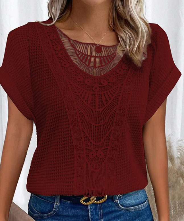 Alternative view of Women's Lace Splicing Crew Neck Casual Short Sleeve Top