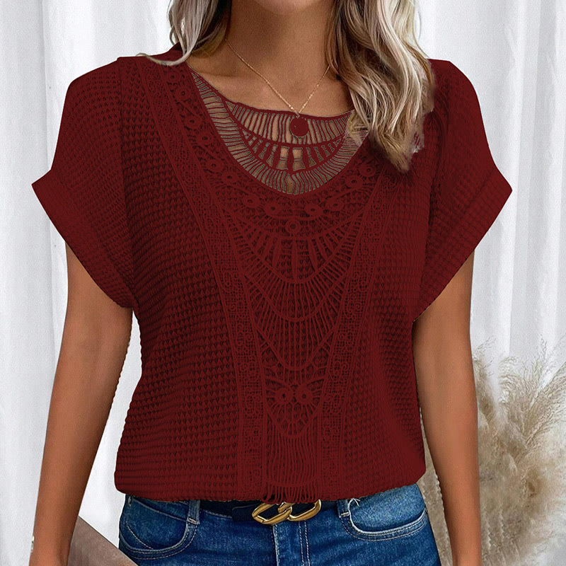 Women's Lace Splicing Crew Neck Casual Short Sleeve Top - Image 2