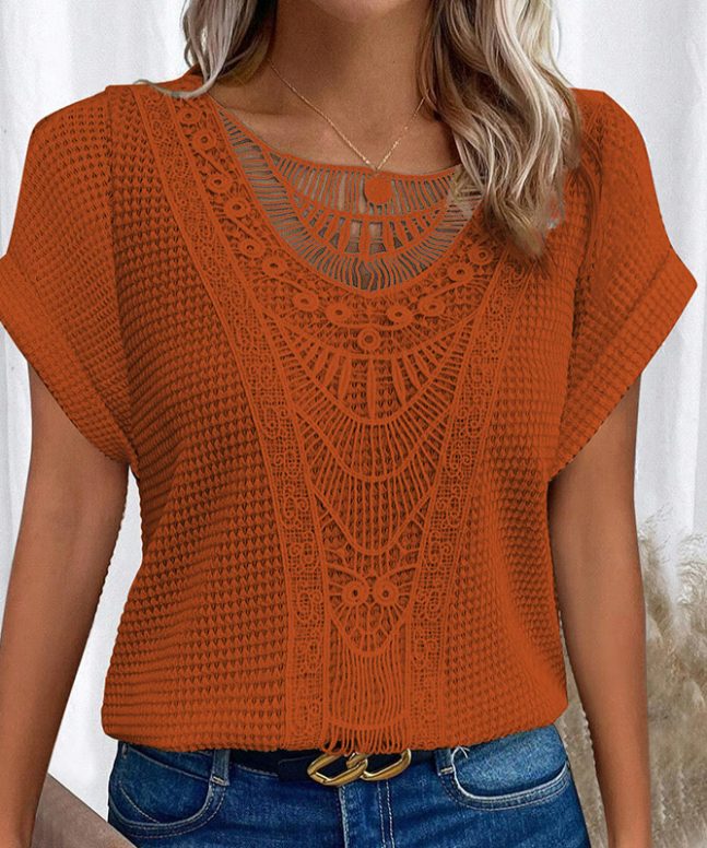 Women's Lace Splicing Crew Neck Casual Short Sleeve Top - Image 4