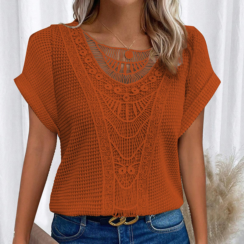 Women's Lace Splicing Crew Neck Casual Short Sleeve Top - Image 4