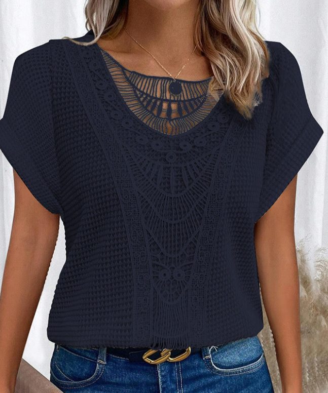 Women's Lace Splicing Crew Neck Casual Short Sleeve Top - Image 5