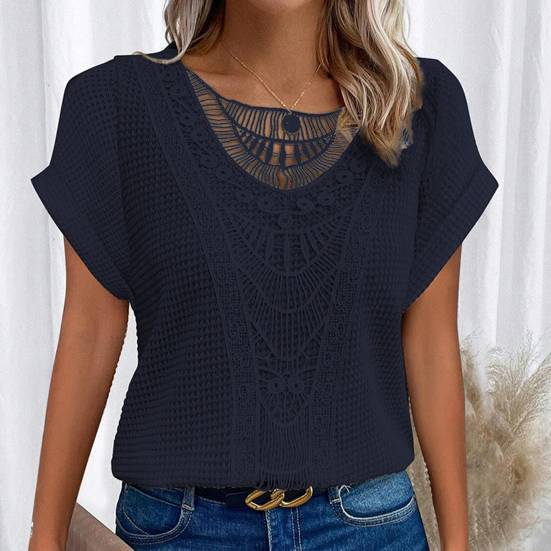 Women's Lace Splicing Crew Neck Casual Short Sleeve Top - Image 5