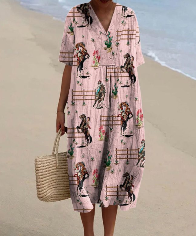 Alternative view of Vintage Cowgirls Western Sublimation Print Short-sleeved Midi Dress