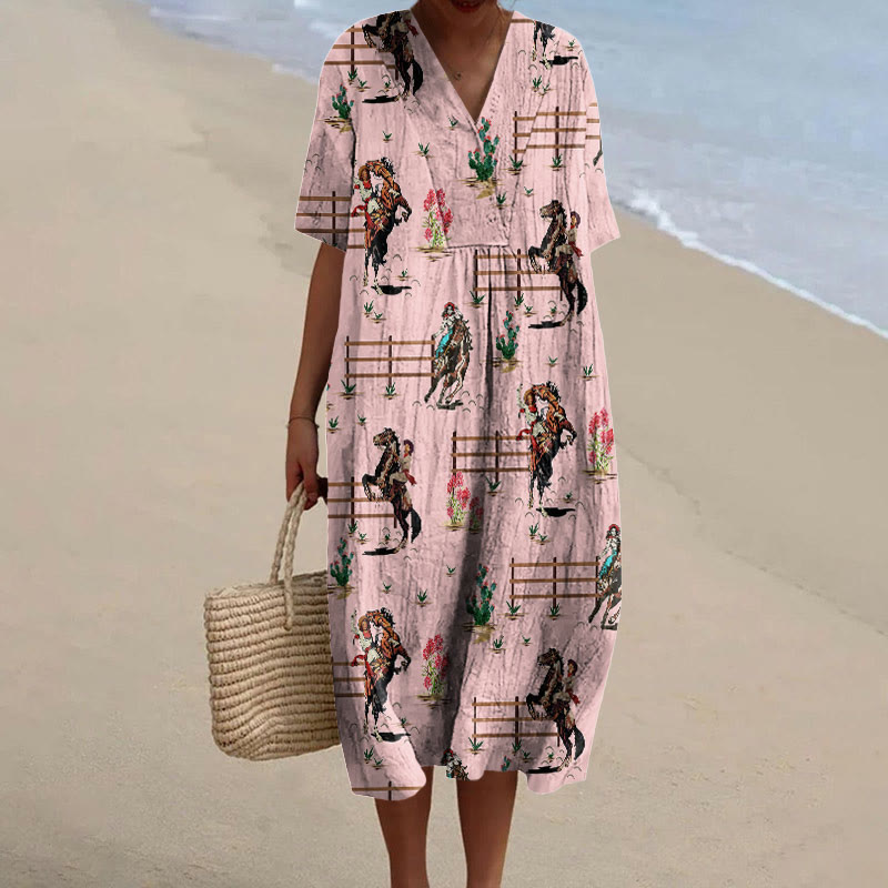 Vintage Cowgirls Western Sublimation Print Short-sleeved Midi Dress - Image 2