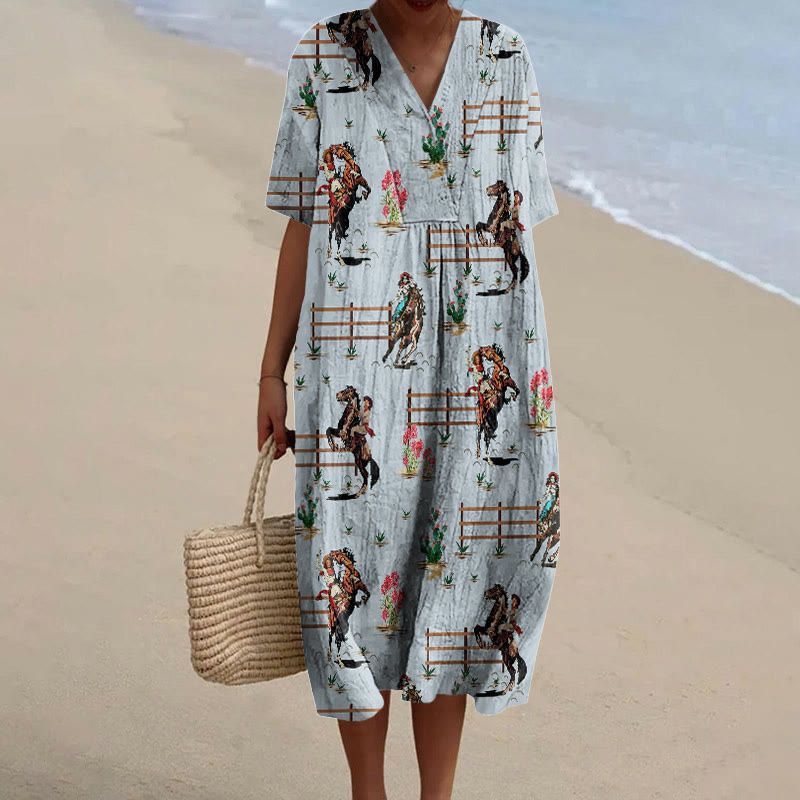 Vintage Cowgirls Western Sublimation Print Short-sleeved Midi Dress