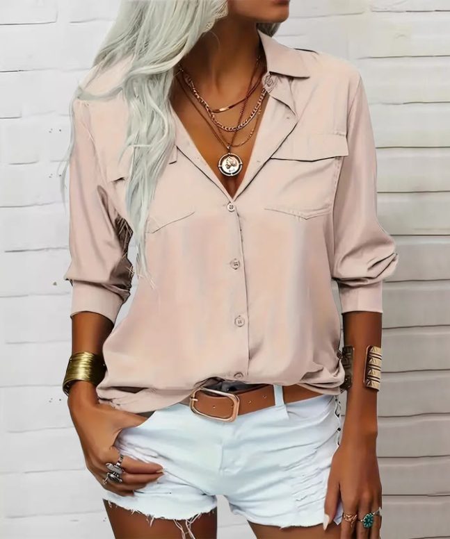 Ladies Lapel Pocket Long Sleeve Shirt - Image 7
