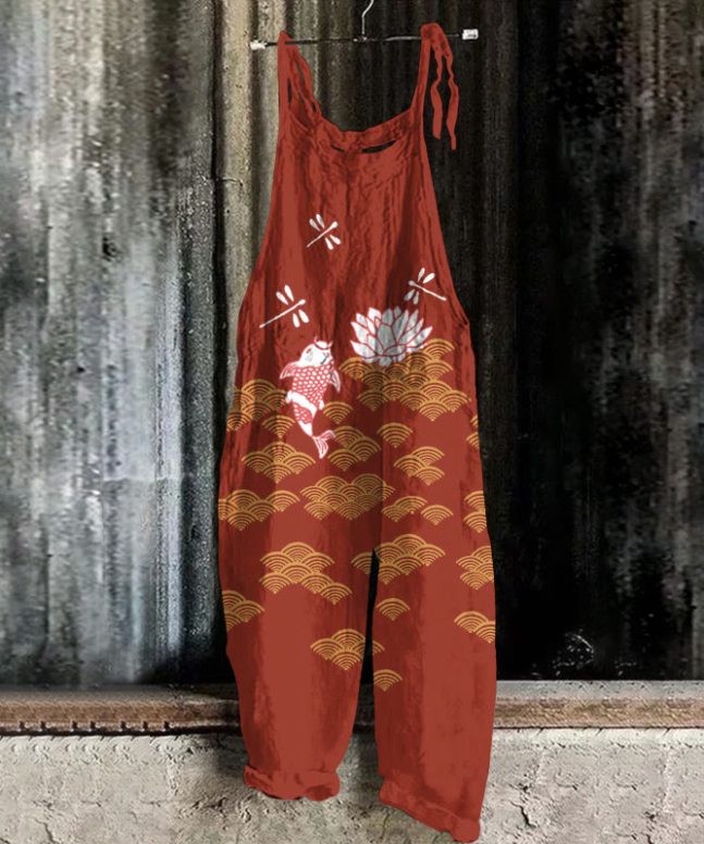 Alternative view of Japanese Style Koi Fish Dragonfly Wave Art Print Casual Jumpsuit