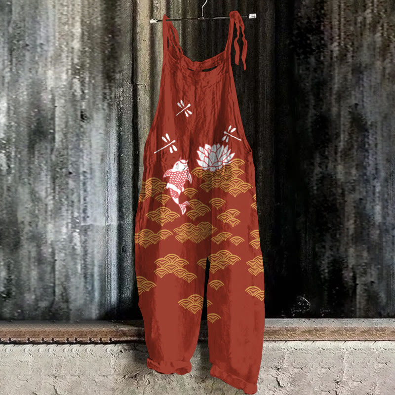 Japanese Style Koi Fish Dragonfly Wave Art Print Casual Jumpsuit - Image 2