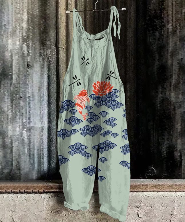 Japanese Style Koi Fish Dragonfly Wave Art Print Casual Jumpsuit - Image 3