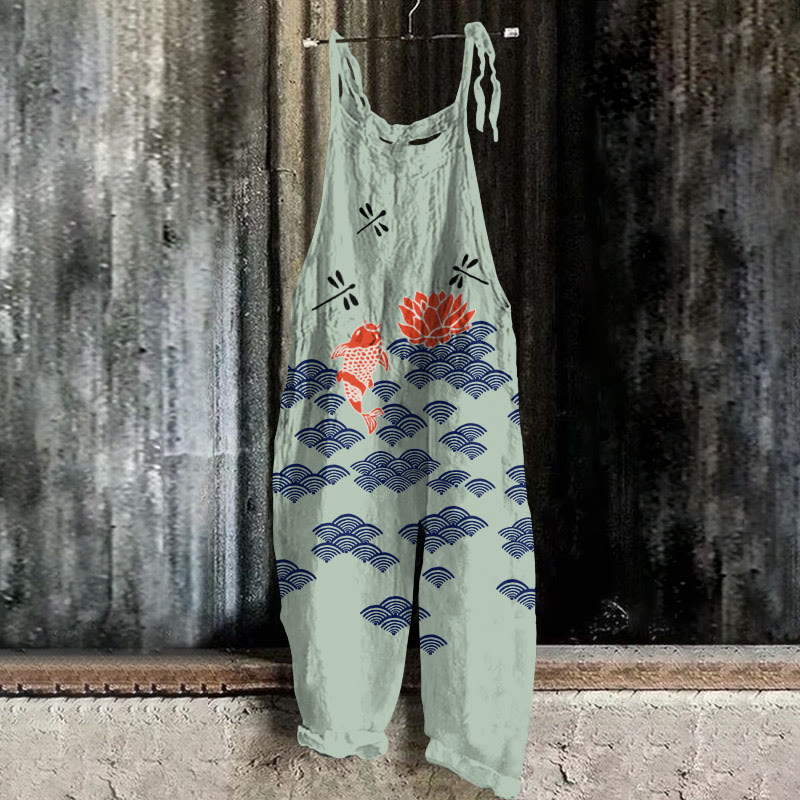 Japanese Style Koi Fish Dragonfly Wave Art Print Casual Jumpsuit - Image 3