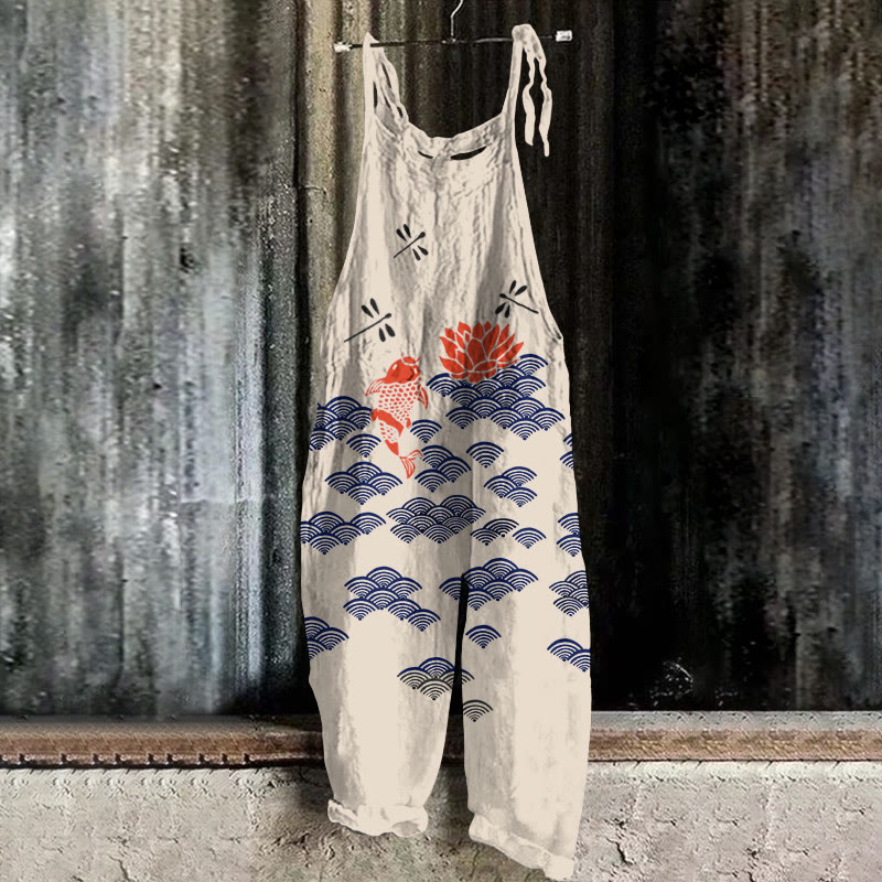 Japanese Style Koi Fish Dragonfly Wave Art Print Casual Jumpsuit