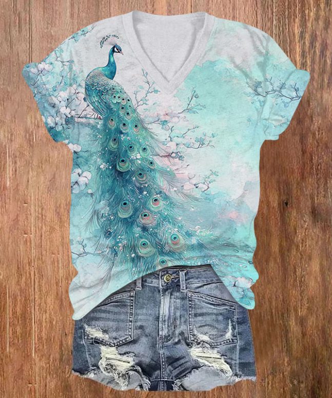 Alternative view of Peacock Print V-neck T-shirt