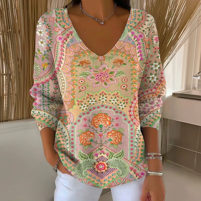 Women's Retro Floral Print V-Neck Long Sleeve Sweater