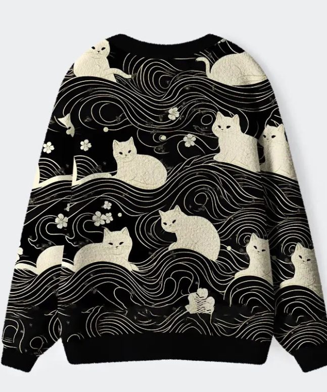 Alternative view of Japanese Cat Geometric Lines Long Sleeved Sweater Cardigan