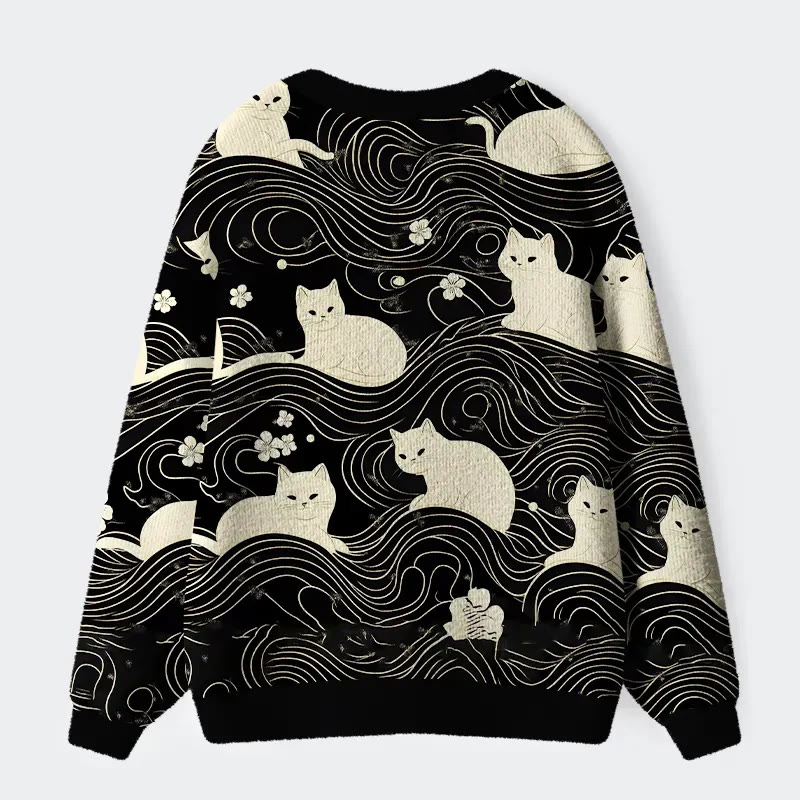Japanese Cat Geometric Lines Long Sleeved Sweater Cardigan - Image 2