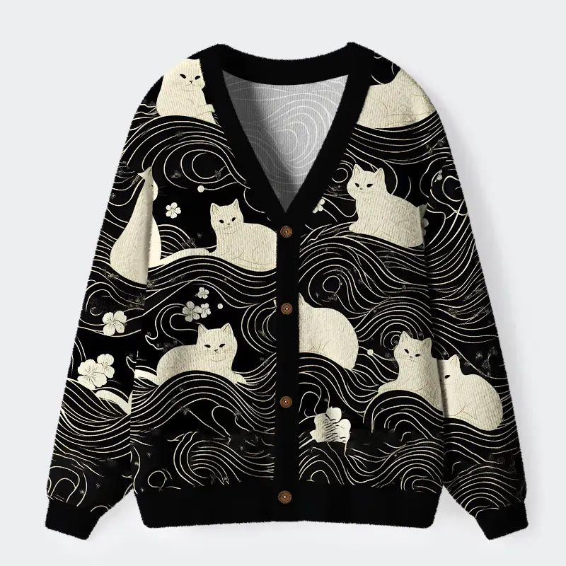 Japanese Cat Geometric Lines Long Sleeved Sweater Cardigan