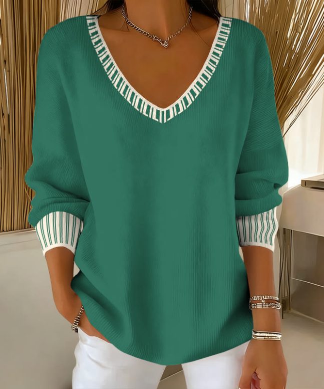 Alternative view of Women's Simple Striped Design Print V-neck Long Sleeved Sweater