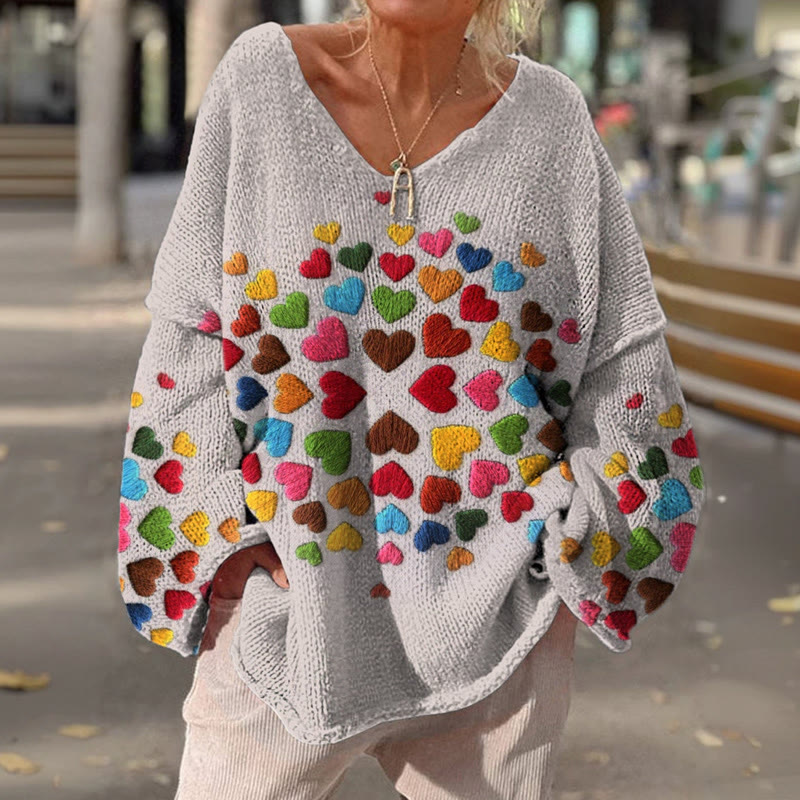 Valentine's Day Colorful Little Hearts Pattern Print Causal V-neck Pullover Sweater