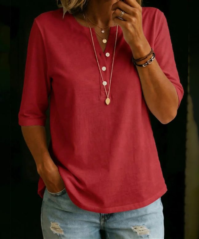 Simple Cozy Henley-collar Mid-sleeve Cotton T-shirt - Image 5