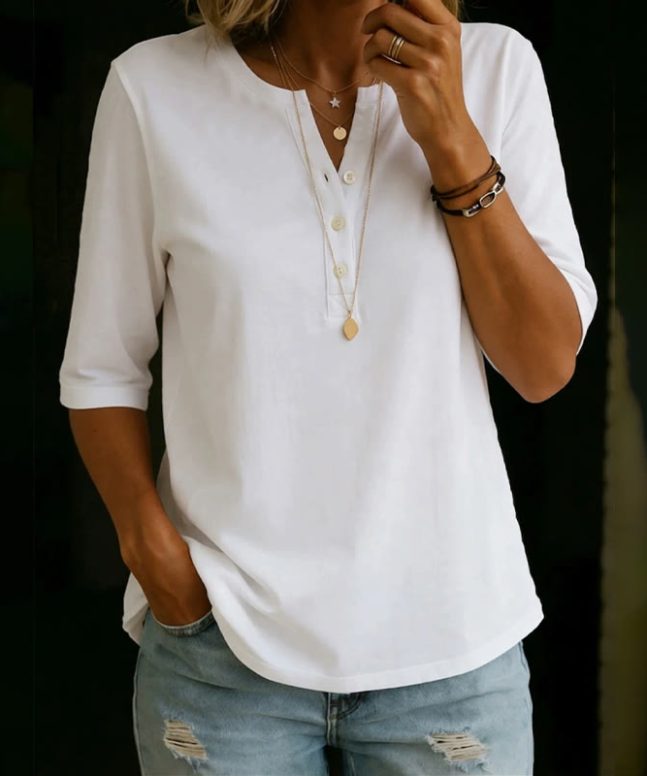 Alternative view of Simple Cozy Henley-collar Mid-sleeve Cotton T-shirt