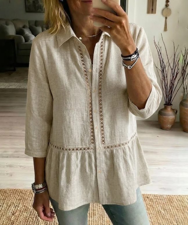 Alternative view of Elegant Bohemian Openwork Lace Linen Blend 3/4 Sleeve Blouse