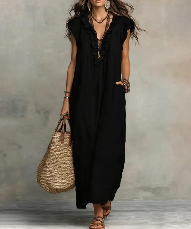 Alternative view of Women's Solid V-neck Sleeveless Ruffled Maxi Dress