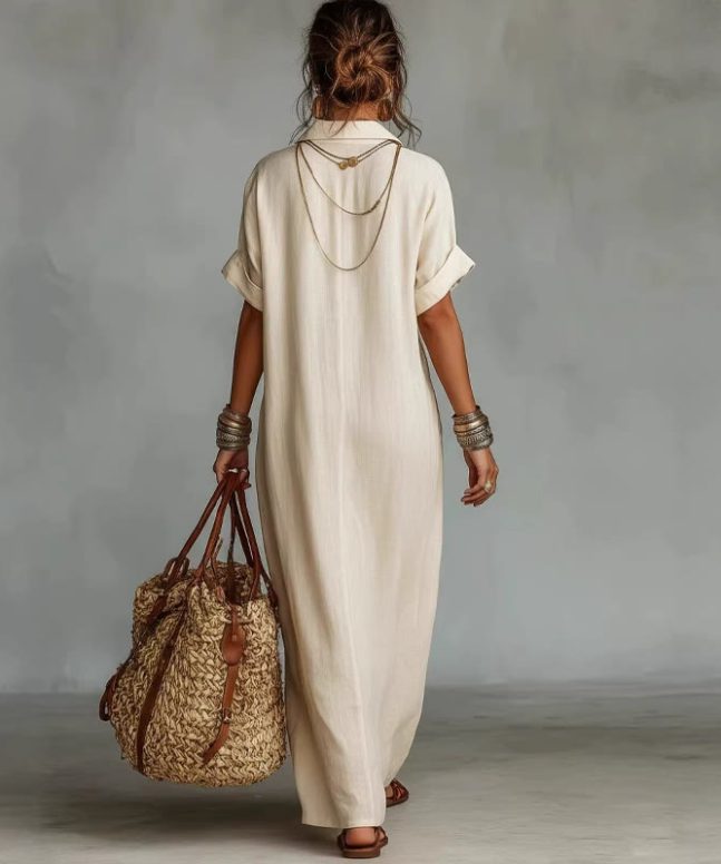 Alternative view of Elegant Solid Embroidered V-neck Pocket Lapel Short-sleeve Maxi Dress