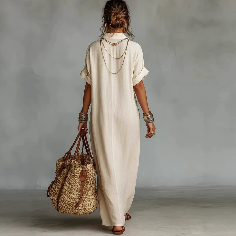 Elegant Solid Embroidered V-neck Pocket Lapel Short-sleeve Maxi Dress - Image 2