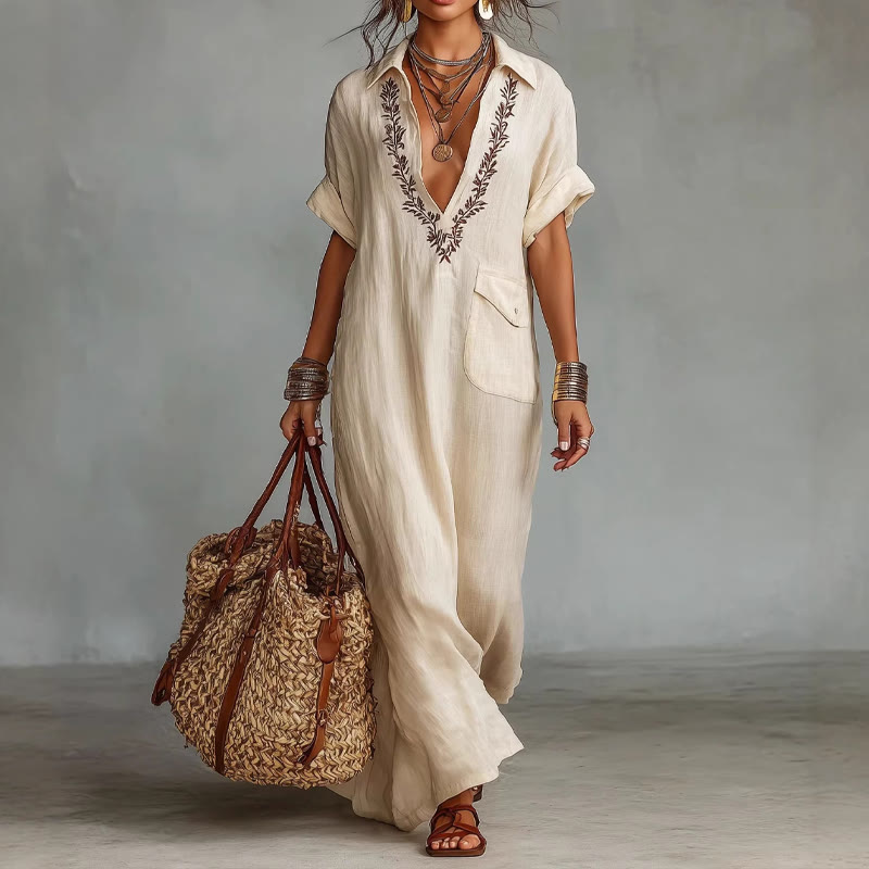 Elegant Solid Embroidered V-neck Pocket Lapel Short-sleeve Maxi Dress