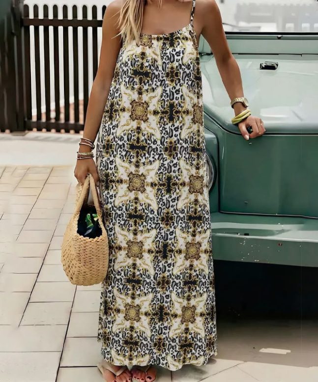 Alternative view of Tropical Leopard Floral Print Drawstring Open Tie-back Beach Maxi Dress