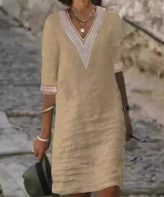 Alternative view of Elegant Solid V-neck Lace Half-sleeve Midi Dress