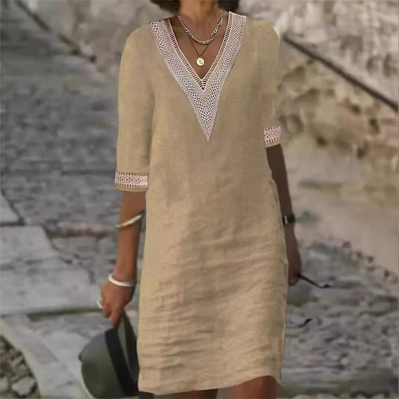 Elegant Solid V-neck Lace Half-sleeve Midi Dress - Image 2