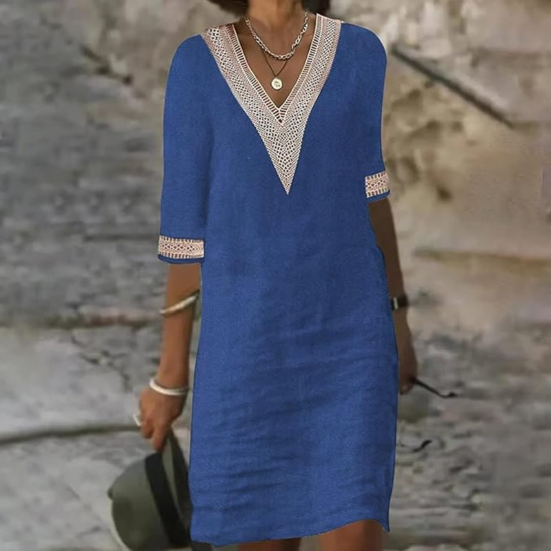 Elegant Solid V-neck Lace Half-sleeve Midi Dress