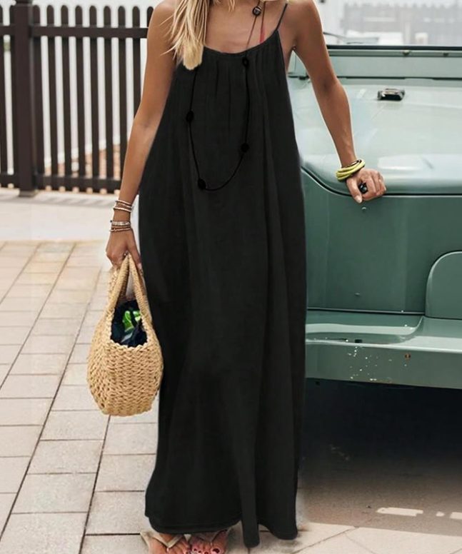 Alternative view of Loose Solid Color Adjustable Tie Strap Vacation Dress
