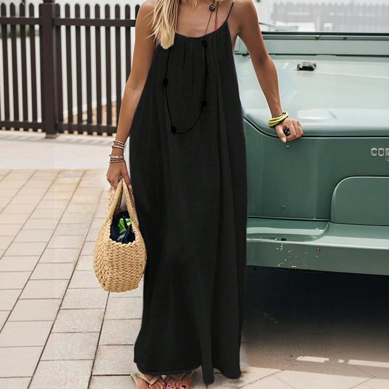 Loose Solid Color Adjustable Tie Strap Vacation Dress - Image 2