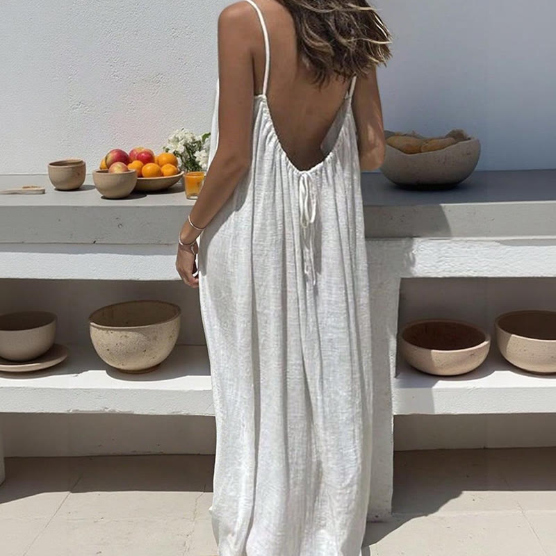Loose Solid Color Adjustable Tie Strap Vacation Dress