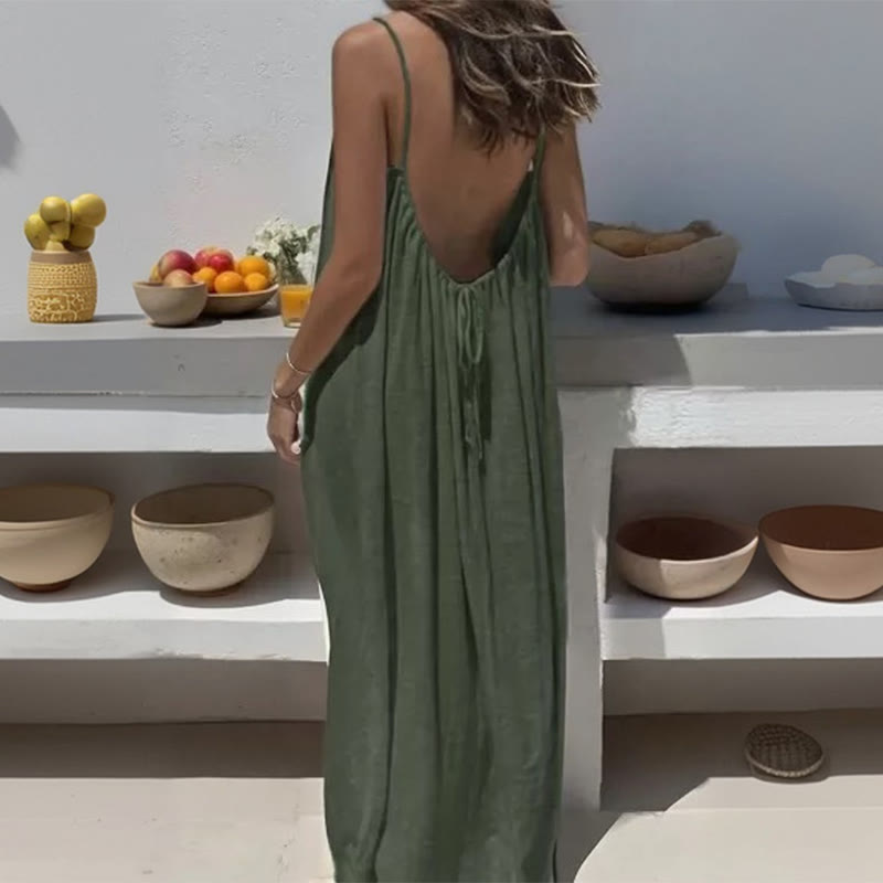 Loose Solid Color Adjustable Tie Strap Vacation Dress - Image 6