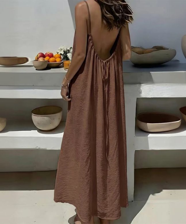 Loose Solid Color Adjustable Tie Strap Vacation Dress - Image 8